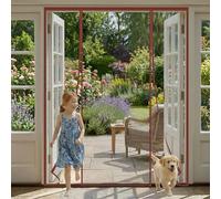 Magnetic Double-Door Fly Screen, Anti-Mosquito Mesh Curtain Door, Heavy-Duty Self-Sealing with Powerful Magnets & Full Frame Hook and Loop Fastener, No Drill Installation,175x205cm, Brown