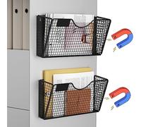 Magnetic File Holder, 2-Pack No-Drill Magnetic File Folder Holder, Magnet Paper Mail Organizer, Magazine Basket, Hanging Wall Storage Rack for Fridge Cabinets Office Classroom (Black, 2 PACK(1L+1S))