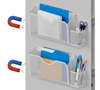 Magnetic File Holder 2pcs Hanging File Organizer with Pen Holders white | No drilling design saves space and keeps documents organized Ideal for office classroom and with easy storage access