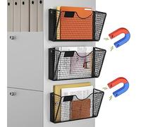 Magnetic File Holder, 3-Pack No-Drill Magnetic File Folder Holder, Magnet Paper Mail Organizer, Magazine Basket, Hanging Wall Storage Rack for Fridge Cabinets Office Classroom (Black, 3 PACK(2L+1S))