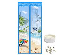 Magnetic Fly Screen Door Heavy Duty Windproof Anti Mosquito Mesh Curtain with Magic Tape No Punch Lace Decorative Embroidery Pattern Curtain Keeps Bugs & Insects Out (90x210CM, Island Scenery)