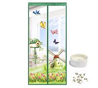 Magnetic Fly Screen Door Heavy Duty Windproof Anti Mosquito Mesh Curtain with Magic Tape No Punch Lace Decorative Embroidery Pattern Curtain Keeps Bugs & Insects Out (90x210CM, Green Windmill)