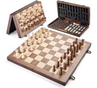 Magnetic Folding Chess Set, 39.37 cm Wooden Board with 32 Pieces and Storage Case, Brown and Ivory