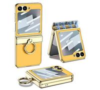 Magnetic Folding Litchi Leather Case for Samsung Galaxy Z Flip 6, All-Inclusive Phone Protective Cover for Flip6, Anti-Drop Shell with A Electroplating Ring (Yellow,for Flip 6)
