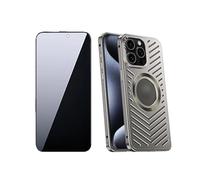 Magnetic Heat Dissipation Metal Case for iPhone 16 Pro Max, Aluminum Alloy Hollow Back Protective Cover, Compatible with Magsafe Shockproof Slim Design+ Anti-peep screen protector(Titanium,16 Plus)