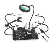 Magnetic Helping Hands Soldering Third Hand with Heavy Duty Metal Workbench Vise, PCB Circuit Board Holder with 5X Magnifying Lamp, 360° Hot Air Gun Holder, Flexible Arms for Soldering Station