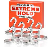 Magnetic Hooks 80lbs/36kg (Pack of 6 Silver) - Heavy Duty Neodymium Hooks for Outdoor & Backyard Use - Strong Rare Earth Magnets for Cruise Cabins - Magnet Hook for Kitchen & Refrigerators