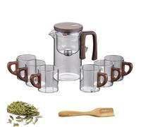 Magnetic Kettle, Enchantipot Magic Teapot, Water Separation Glass Teapot Wooden Handle, Press Control Magic Pot with Built in Infuser for Loose Tea with Cups (Transparent, 720ml with 6 Cups)