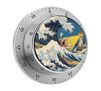 Magnetic Kitchen Timer Stainless Steel Japanese The Great Wave Off Kanagawa Mechanical Timer with 70db Loud Alarm Battery-Free Waterproof 60 Minute Wind Up Timers for Cooking Baking Fitness Classroom