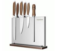 Magnetic Knife Block,Stainless Steel Magnetic Knife Holder Rack for Kitchen Counter,Strong Double Sided Magnet Knife Storage Stand with Wood Base