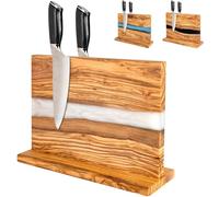 Magnetic Knife Block Stand - Italian Olive Wood Kitchen Knife Holder Rack with Resin Flow Design - Double Sided Strong Magnet Knife Block - Universal Knife Organizer Holds 18 Knives - White Pearl