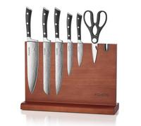 Magnetic Knife Set with Block, FOHERE Kitchen Knife Set with Built-in Sharpener, 7 Pieces Sharp Chef Knife Set with Ergonomic Handle, Waved Pattern High Carbon Stainless Steel Knives Set for Kitchen