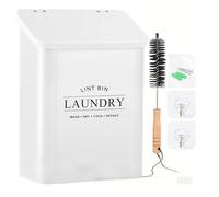 Magnetic Lint Bin for Laundry Room, Dryer Lint Holder Bin with Lid, Brush & 2 Hooks, Metal Magnetic Lint Box Container for Laundry Room Decor, Dryer Sheet Holder for Organization and Storage (White)