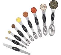 Magnetic Measuring Spoons 9 Piece Set, Stainless Steel Metal with Leveler, Dual Sided Nesting Design, Metric and US Fits in Spice Jars, Precise Teaspoon Measurements, Baking and Cooking Supplies Black