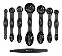 Magnetic Measuring Spoons Set of 8 | Stainless Steel Dual Sided Measure Kitchen Teaspoons and Tablespoon with Leveller | Weighing Dry and Liquid Ingredients for Cooking, Baking (Black)