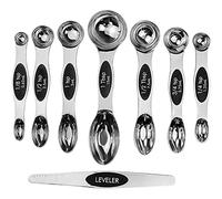 Magnetic Measuring Spoons Set of 8 | Stainless Steel Dual Sided Measure Kitchen Teaspoons and Tablespoon with Leveller | Weighing Dry and Liquid Ingredients for Cooking, Baking (Silver)