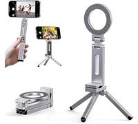 Magnetic Phone Tripod Stand for iPhone Foldable Magnetic Stand abs Folding Rotating Desktop Stand 360°Rotatable Magnetic Pocket Mini Tripod Universal Fit with Metal Ring for Android (Silver)