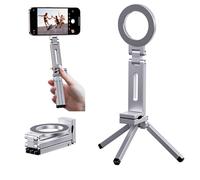 Magnetic Pocket Tripod for MagSafe,Foldable Multifunctional Phone Holder, Desk Stand,Portable Handheld Travel Photography Stand,with Universal Fit with Metal Ring (Silver)