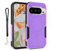 Magnetic Protective Case for Google Pixel 10 Pro XL/Pixel 9 Pro XL, Rugged Shockproof Dual Layer Cover, Compatible with MagSafe & Magnetic Car Mounts, Includes Wrist Strap, Purple