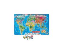Janod - Wooden Magnetic World Map Puzzle - 92 Magnetic Pieces - 70 x 43 cm - French Version - Educational game from 7 years old, J05500 Metallic Silver