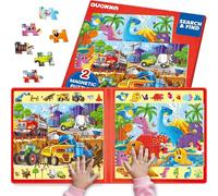 Magnetic Puzzles For 3 4 5 Year Olds - Search & Find 2 Pack 60 Pieces Each - Travel Toy Activities For Kids With Hidden Objects, Construction and Dinosaur Scenes - Educational Jigsaws For 6 7 yo