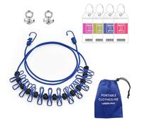 Magnetic Retractable Clothes Line for Cabin - Approved 2025 Cruise Essentials Clothes Drying Rack Travel Clothesline with Clothespins -4 Luggage Tags Strong Magnets Hooks (Blue)