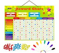 Magnetic Reward Behavior Star Chore Chart for One or Multiple Kids, Includes 8 Markers + 60 Foam Backing Illustrated Chores + 300 Stars in Red, Yellow, Blue. X- Large 17X12 inch. Hanging Loop READY!