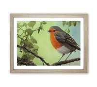 Magnetic Robin Bird H1022 Framed Print for Living Room Bedroom Home Office Décor, Wall Art Picture Ready to Hang, Oak A4 Frame (34 x 25 cm)
