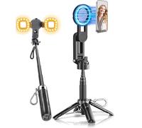 Magnetic Selfie Stick Tripod, Phone Tripod with 2 Selfie Light, Portable Pocket Size Selfie Stick with Rechargeable Remote and Metal Ring, Compatible with iPhone/Android for Photo/Video