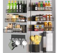Magnetic Spice Rack for Refrigerator, 10 Pack 100% Metal Strong Magnet Shelf, Moveable Spice Organizer W/ Adjustable Paper Towel Holder, Hook Rack & Utensil Caddy, Home Kitchen Laundry Storage, Black
