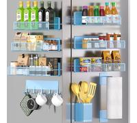 Magnetic Spice Rack for Refrigerator, 10 Pack 100% Metal Strong Magnet Shelf, Moveable Spice Organizer W/ Adjustable Paper Towel Holder, Hook Rack & Utensil Caddy, Home Kitchen Laundry Storage, Blue