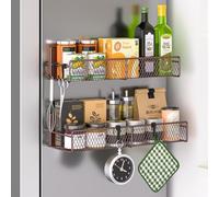 Magnetic Spice Rack for Refrigerator, 2 Pack 100% Metal Strong Magnet Shelf, Space Saving Spice Organizer W/ Hooks, Movable Magnetic Fridge Shelf, Kitchen Home Laundry Room Storage Organization, Brown