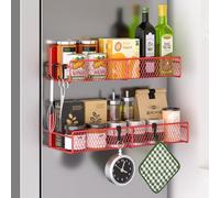 Magnetic Spice Rack for Refrigerator, 2 Pack 100% Metal Strong Magnet Shelf, Space Saving Spice Organizer W/ Hooks, Movable Magnetic Fridge Shelf, Kitchen Home Laundry Room Storage Organization, Red