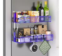 Magnetic Spice Rack for Refrigerator, 2 Pack 100% Metal Strong Magnet Shelf, Space Saving Spice Organizer W/Hooks, Movable Magnetic Fridge Shelf, Kitchen Home Laundry Room Storage Organization, Purple