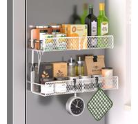 Magnetic Spice Rack for Refrigerator, 2 Pack 100% Metal Strong Magnet Shelf, Space Saving Spice Organizer W/ Hooks, Movable Magnetic Fridge Shelf, Kitchen Home Laundry Room Storage Organization, White