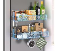 Magnetic Spice Rack for Refrigerator, 2 Pack 100% Metal Strong Magnet Shelf, Space Saving Spice Organizer W/ Hooks, Movable Magnetic Fridge Shelf, Kitchen Home Laundry Room Storage Organization, Blue