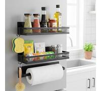 Magnetic Spice Rack for Refrigerator, 3-Pack Magnetic Shelves with Paper Towel Holder & 4 Hooks, Strong Magnetic Fridge Organiser for Kitchen Storage, Black Carbon Steel Rust-Proof Spice Organiser