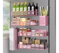 Magnetic Spice Rack for Refrigerator, 6 Pack 100% Metal Strong Magnet Shelf, Space Saving Spice Organizer, Home Kitchen Laundry Room Storage Organization W/Paper Towel Holder, Utensils Racks (Pink)