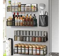 Magnetic Spice Rack for Refrigerator, 6 Pack 100% Metal Strong Magnet Shelf, Space Saving Spice Organizer, Home Kitchen Laundry Room Storage Organization W/ Paper Towel Holder, Utensils Racks,Black