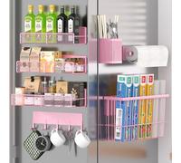 Magnetic Spice Rack for Refrigerator, 7 Pack 100% Metal Strong Magnet Shelf, Spice Organizer W/Paper Towel Holder, Hook Rack, Utensil Caddy & Cutting Board Holder, Home Kitchen Organization (Pink)