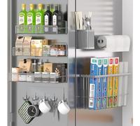 Magnetic Spice Rack for Refrigerator, 7 Pack 100% Metal Strong Magnet Shelf, Spice Organizer W/Paper Towel Holder, Hook Rack, Utensil Caddy & Cutting Board Holder, Home Kitchen Organization (Grey)