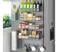 Magnetic Spice Rack for Refrigerator, 7 Pack 100% Metal Strong Magnet Shelves, Kitchen Spice Organizer W/Hook Rack, Paper Towel Holder, Utensils Caddy, Home Laundry Room Storage Organization (Grey)