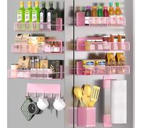 Magnetic Spice Rack for Refrigerator, 7 Pack 100% Metal Strong Magnet Shelves, Kitchen Spice Organizer W/Hook Rack, Paper Towel Holder, Utensils Caddy, Home Laundry Room Storage Organization (Pink)