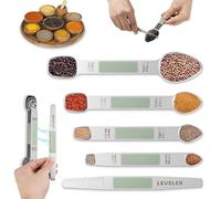 Magnetic Stainless Steel Measuring Spoons Set, Dual Sided Stackable Teaspoon, 5-Piece with Scale and Leveler, Fits in Spice Jars, for Cooking and Baking, Set for Measuring Dry and Liquids Green