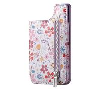 Magnetic Stick on Phone Wallet - Small Floral Pattern Design, RFID Anti-Theft Protection, Secure Holder for Coins, Cash & Credit Cards - Ideal for On-The-Go Users, Daily Use, Travel, Shopping, Purple