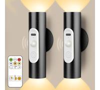 Magnetic Stick on Wall Lights Battery Operated, Wireless Wall Sconces Set of 2, Motion Sensor Night Light Indoor, USB Rechargeable Cordless with Remote Control, 3 Modes Dimmable, Black Aluminum