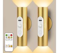 Magnetic Stick on Wall Lights Battery Operated, Wireless Wall Sconces Set of 2, Motion Sensor Night Light Indoor, USB Rechargeable Cordless with Remote Control, 3 Modes Dimmable, Golden Aluminum
