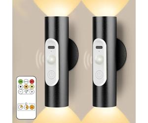 Magnetic Stick on Wall Lights Battery Operated, Wireless Wall Sconces Set of 2, Motion Sensor Night Light Indoor, USB Rechargeable Cordless with Remote Control, 3 Modes Dimmable, Black Aluminum