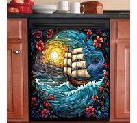 Magnetic Stickers Blue Sailboat Flower Dishwasher Magnet Cover Reusable Trimmable Refrigerator Magnets Kitchen Decor Home Cabinet Appliances Magnetic Sheet 58.5x65 cm /2pcs