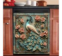 Magnetic Stickers Peacock Green Retro Dishwasher Magnet Cover Reusable Trimmable Refrigerator Magnets Kitchen Decor Home Cabinet Appliances Magnetic Sheet 58.5x65 cm /2pcs
